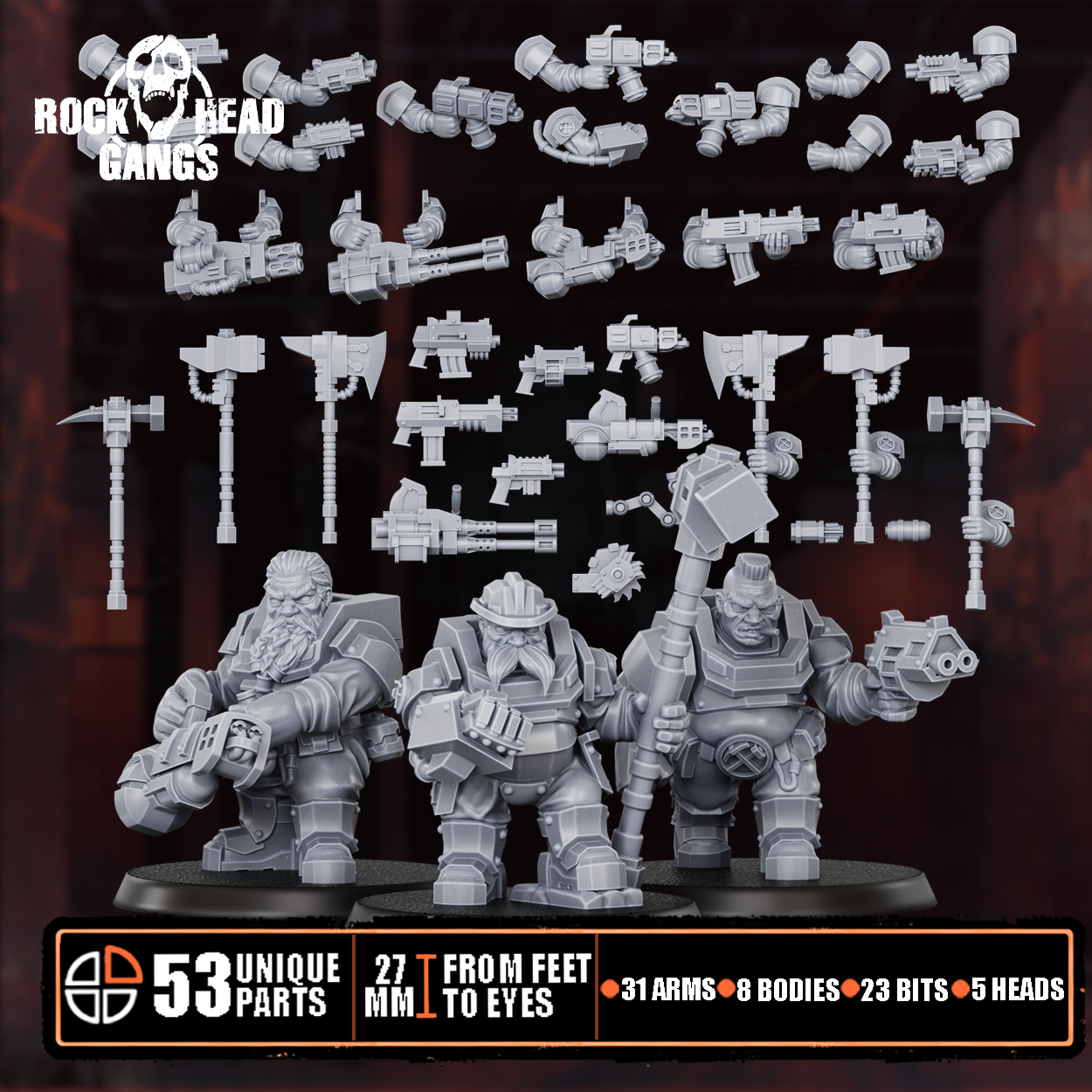Black Mountain Diggers Gang industrial sci-fi miniatures by Rockheadgangs, showing rugged mining-themed tabletop fighters with armor, tools, weapons, gear, and gritty character details.