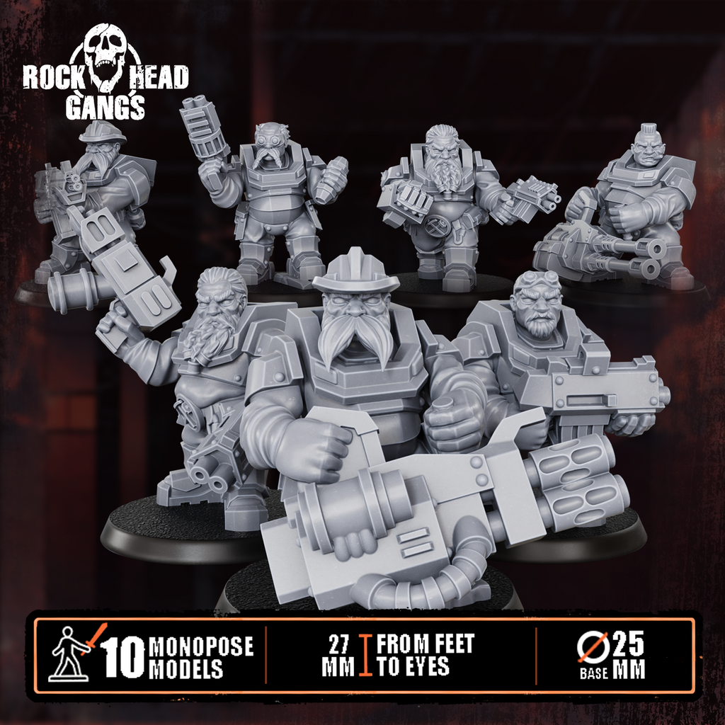 Monopose Black Mountain Diggers Gang industrial sci-fi miniatures by Rockheadgangs, showing rugged mining-themed tabletop fighters with armor, tools, weapons, gear, and gritty character details.