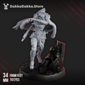 Blood Commissar sci-fi resin miniature by DakkaDakka, shown assembled with peaked cap, mask, flowing cloak, pistol, sword, skull details, and scenic base.