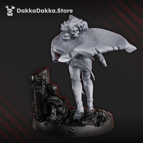 Rear view of the Blood Commissar by DakkaDakka, showing the flowing cloak, skull details, boots, and cinematic scenic base with fallen armored figure.