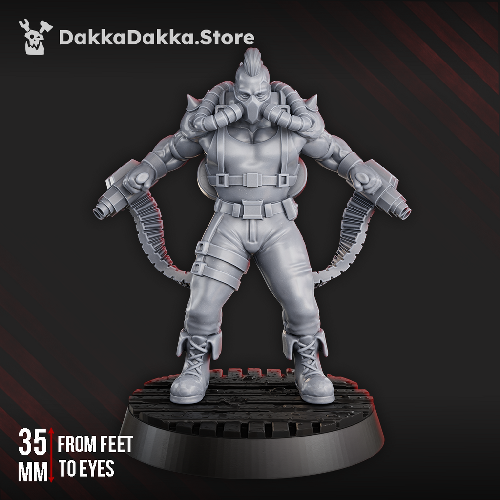 Bob the Dimachaerus sci-fi resin miniature by DakkaDakka, shown from the front with respirator mask, mohawk, dual wrist weapons, ammo feeds, and industrial base.