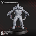 Bob the Dimachaerus sci-fi resin miniature by DakkaDakka, shown from the front with respirator mask, mohawk, dual wrist weapons, ammo feeds, and industrial base.