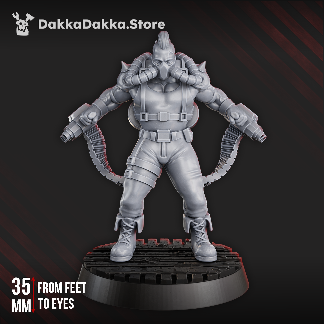Bob the Dimachaerus sci-fi resin miniature by DakkaDakka, shown from the front with respirator mask, mohawk, dual wrist weapons, ammo feeds, and industrial base.