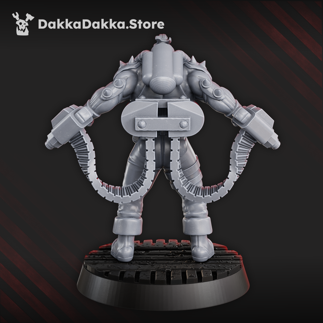 Rear view of Bob the Dimachaerus by DakkaDakka, showing backpack tanks, spiked armor, dual weapon feeds, boots, and industrial sci-fi base detail.