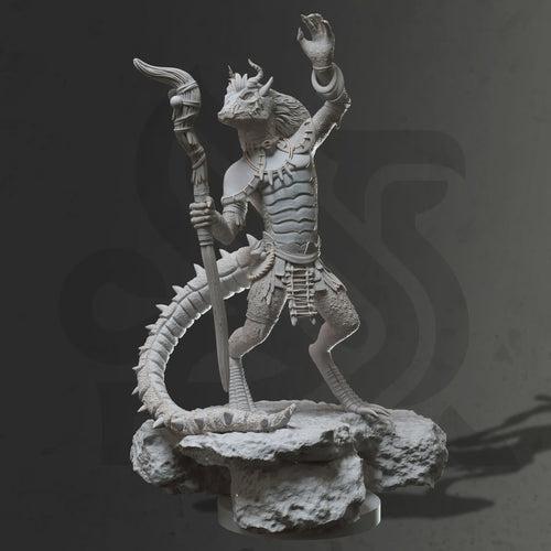 Bobodobo Kobold Shaman resin miniature by DM Stash, shown with ritual staff, tail, and rocky base