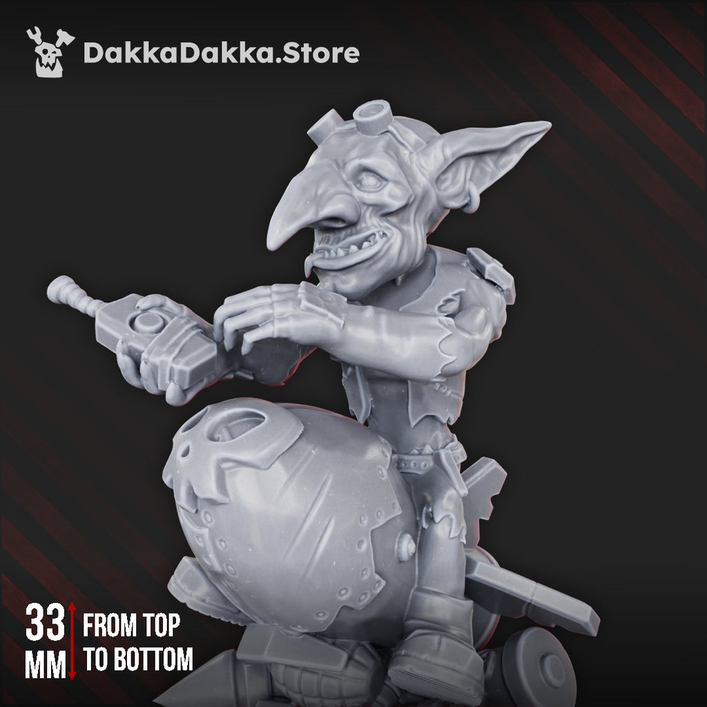 Close-up of Bomb Goblin by DakkaDakka, showing the goblin’s expressive face, goggles, handheld detonator, and large bomb body.