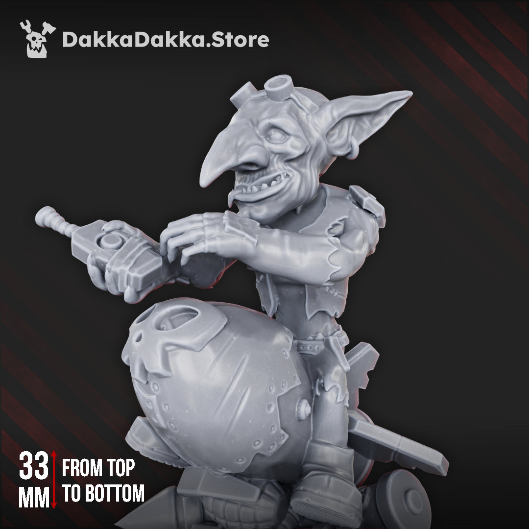 Close-up of Bomb Goblin by DakkaDakka, showing the goblin’s expressive face, goggles, handheld detonator, and large bomb body.