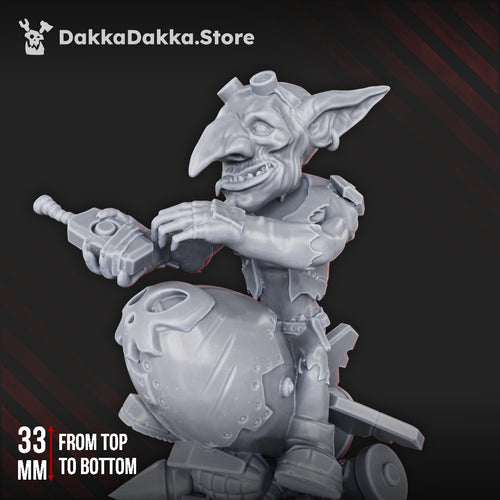Close-up of Bomb Goblin by DakkaDakka, showing the goblin’s expressive face, goggles, handheld detonator, and large bomb body.