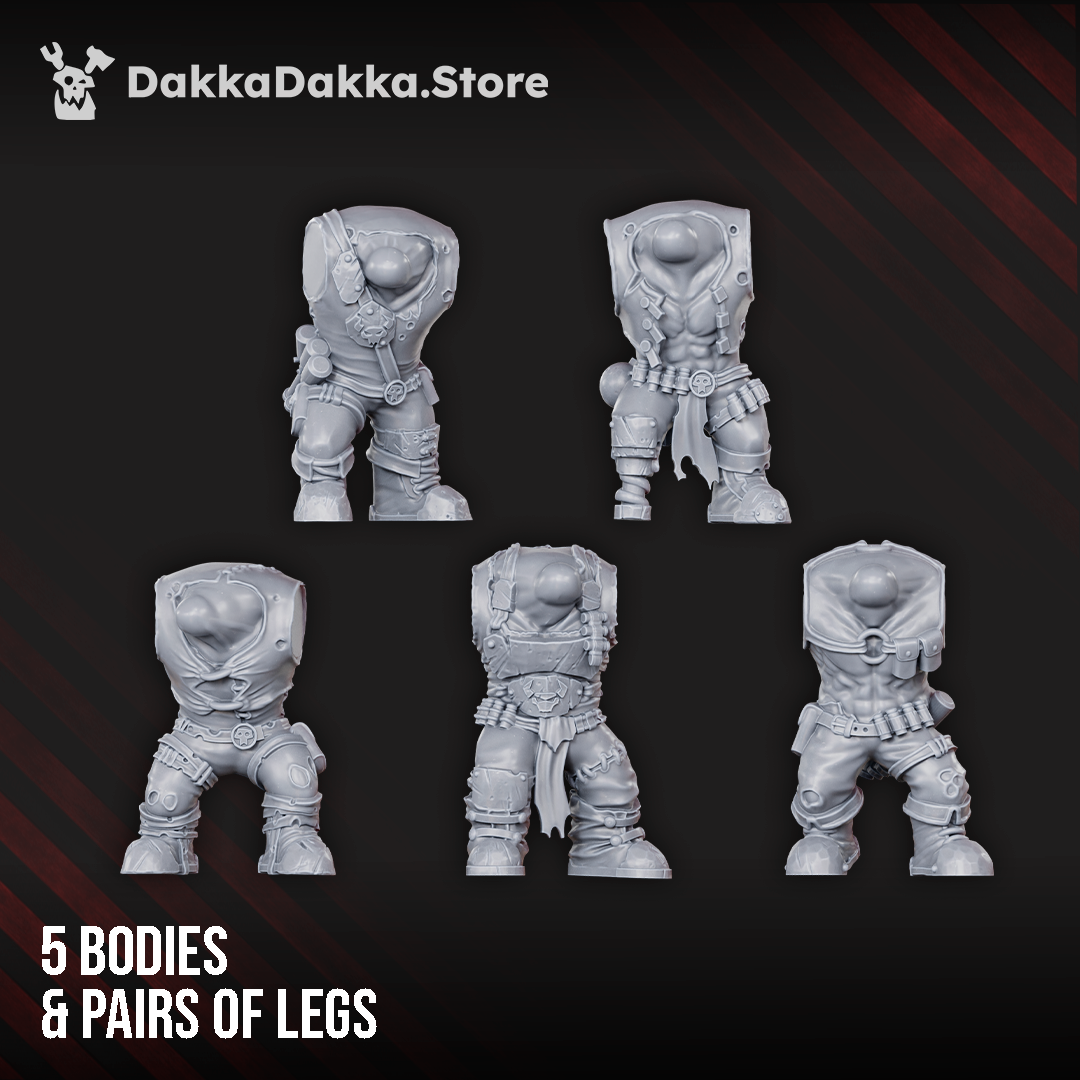 Boombo Boyz body options by DakkaDakka, showing five modular sci-fi orc bodies with paired legs, armor plates, belts, and heavy infantry details.