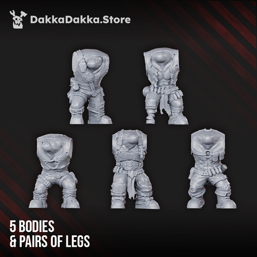 Boombo Boyz body options by DakkaDakka, showing five modular sci-fi orc bodies with paired legs, armor plates, belts, and heavy infantry details.