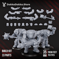 Boombo Boyz Build Kit by DakkaDakka, showing modular sci-fi orc heavy weapon parts used to build five complete miniatures.
