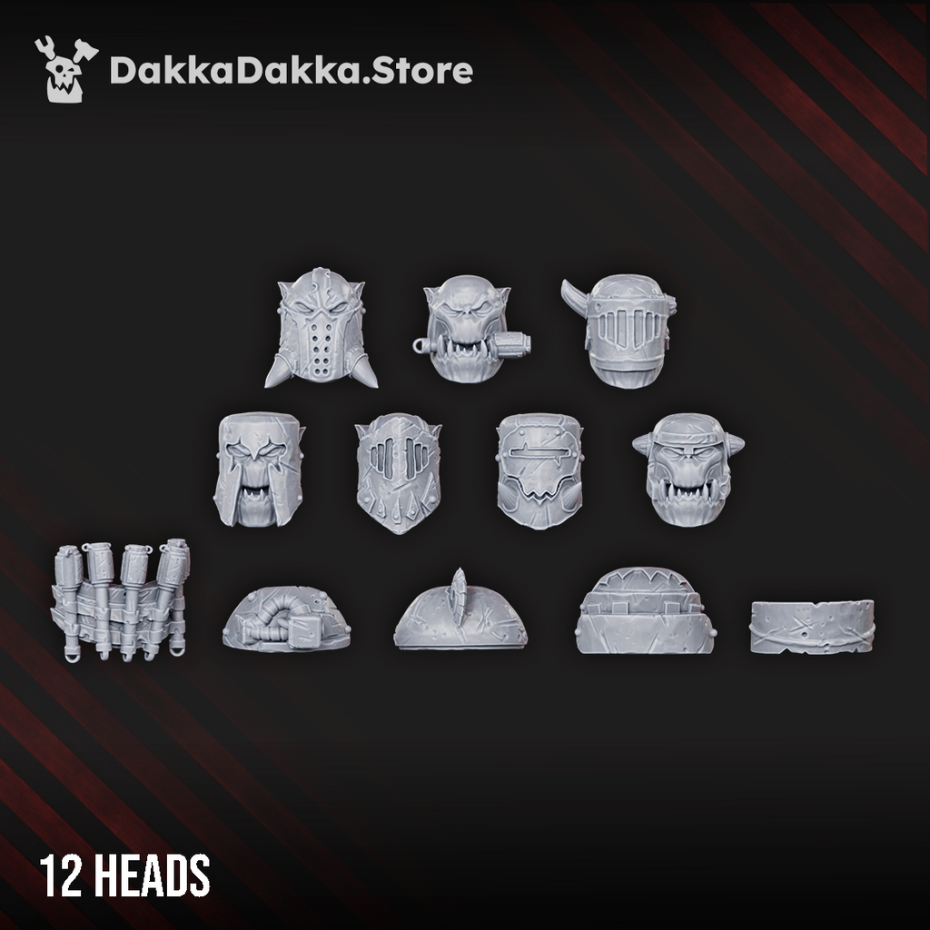 Boombo Boyz head and shoulder options by DakkaDakka, showing twelve sci-fi orc heads with armor plates, masks, helmets, and extra squad bits.