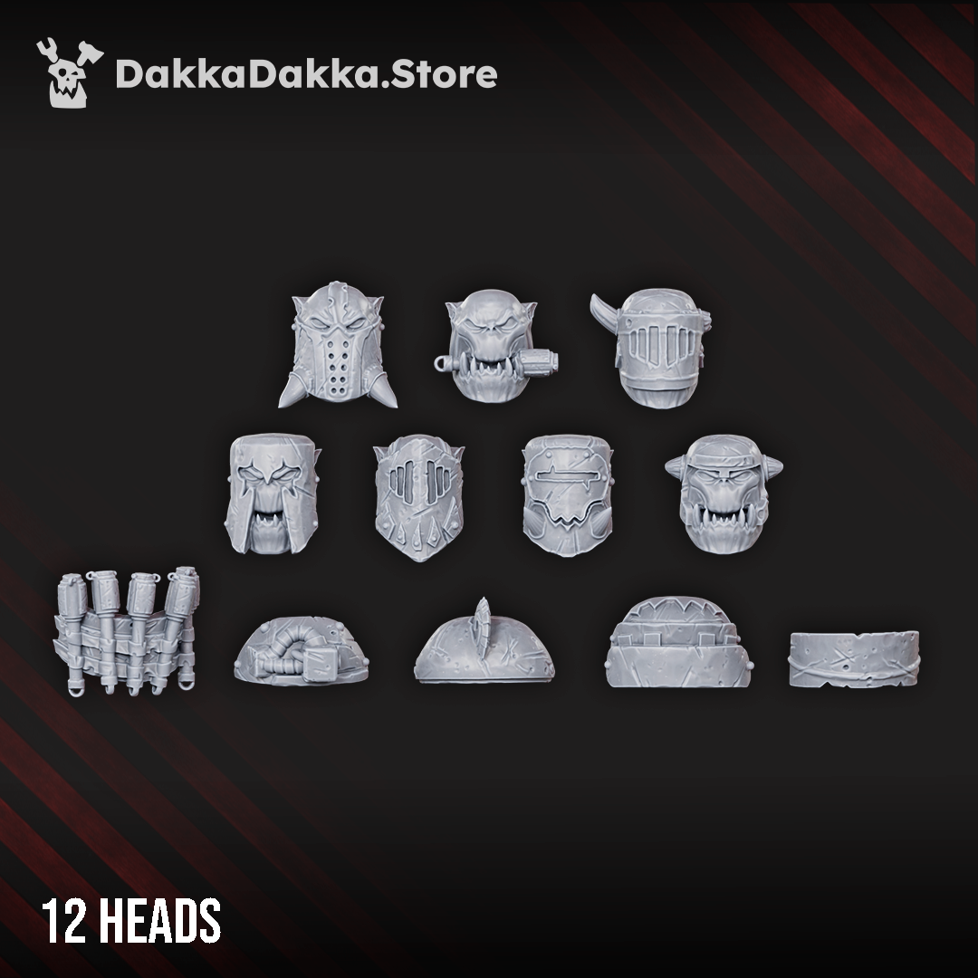 Boombo Boyz head and shoulder options by DakkaDakka, showing twelve sci-fi orc heads with armor plates, masks, helmets, and extra squad bits.