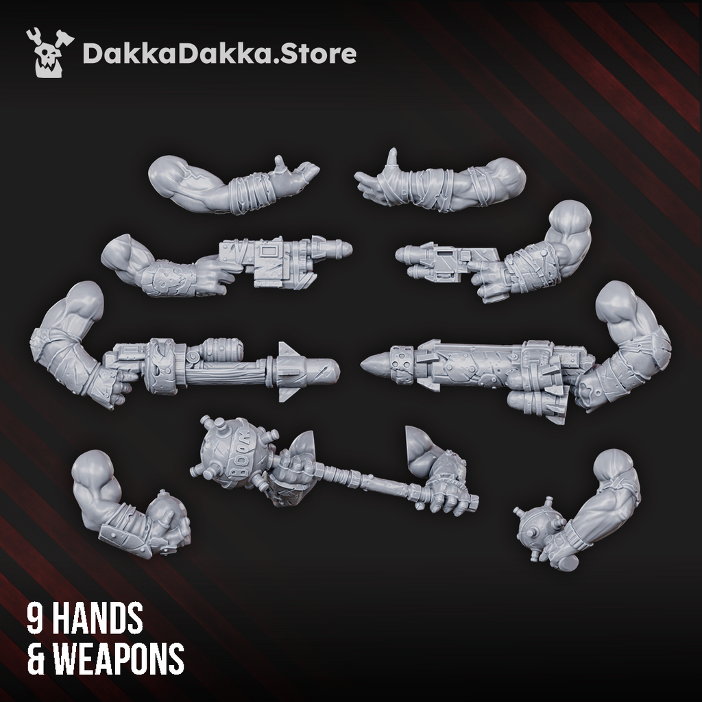 Boombo Boyz weapon and arm options by DakkaDakka, showing modular sci-fi orc hands, launchers, rockets, pistols, and heavy ordnance weapons.