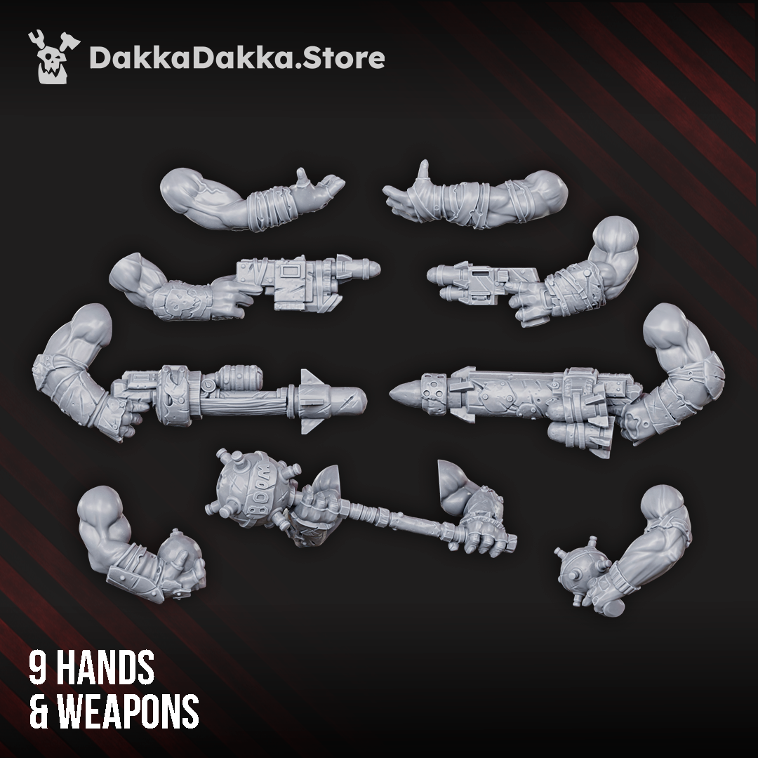 Boombo Boyz weapon and arm options by DakkaDakka, showing modular sci-fi orc hands, launchers, rockets, pistols, and heavy ordnance weapons.