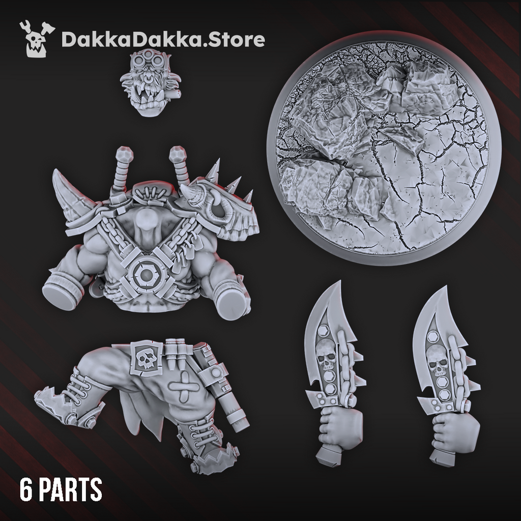 Six-part Boss Smirknife miniature by DakkaDakka showing the scenic base, head, muscular body, legs, and two oversized knife arms.
