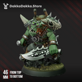 Front view of Boss Smirknife, a muscular sci-fi orc commander with tactical goggles, a cigar, horned skull armor, and oversized blades.
