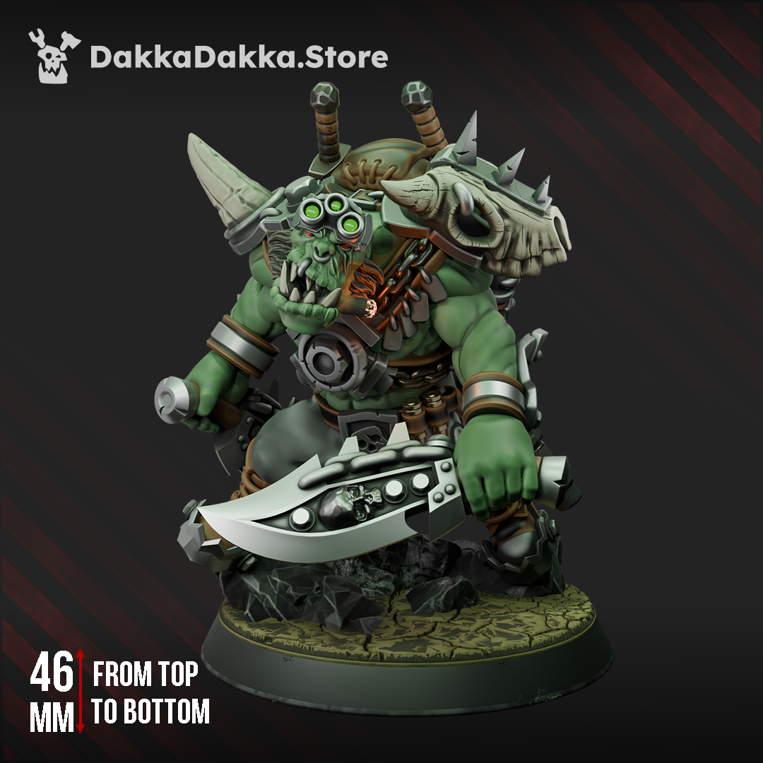 Front view of Boss Smirknife, a muscular sci-fi orc commander with tactical goggles, a cigar, horned skull armor, and oversized blades.
