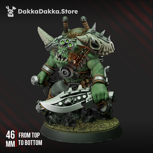 Front view of Boss Smirknife, a muscular sci-fi orc commander with tactical goggles, a cigar, horned skull armor, and oversized blades.

