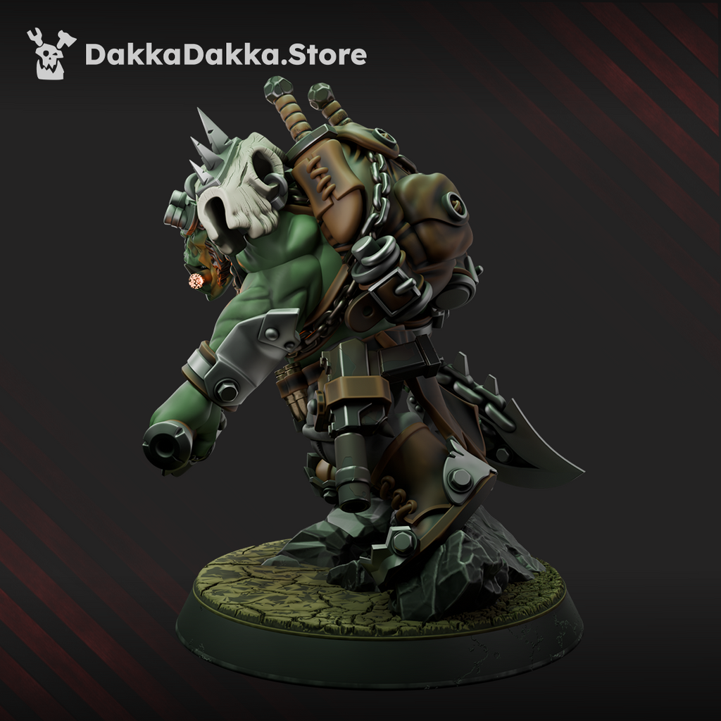 Side view of Boss Smirknife showing his horned skull shoulder armor, gear-packed backpack, heavy chains, tactical equipment, and large blade.
