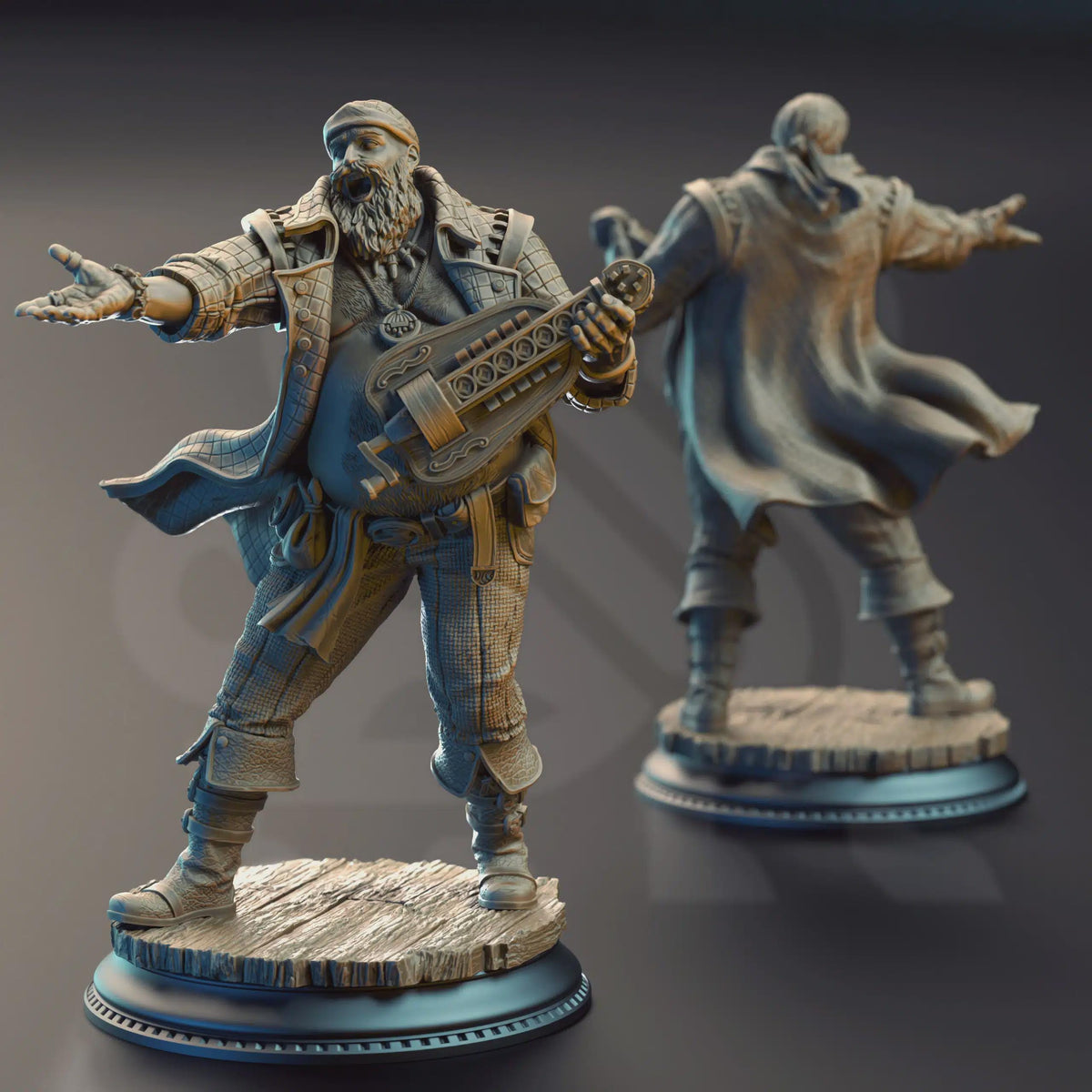 Bossman Bill Master of the Hurdy-Gurdy miniature by DM Stash, playing a hurdy-gurdy beside a spectral companion on a decorative base.
