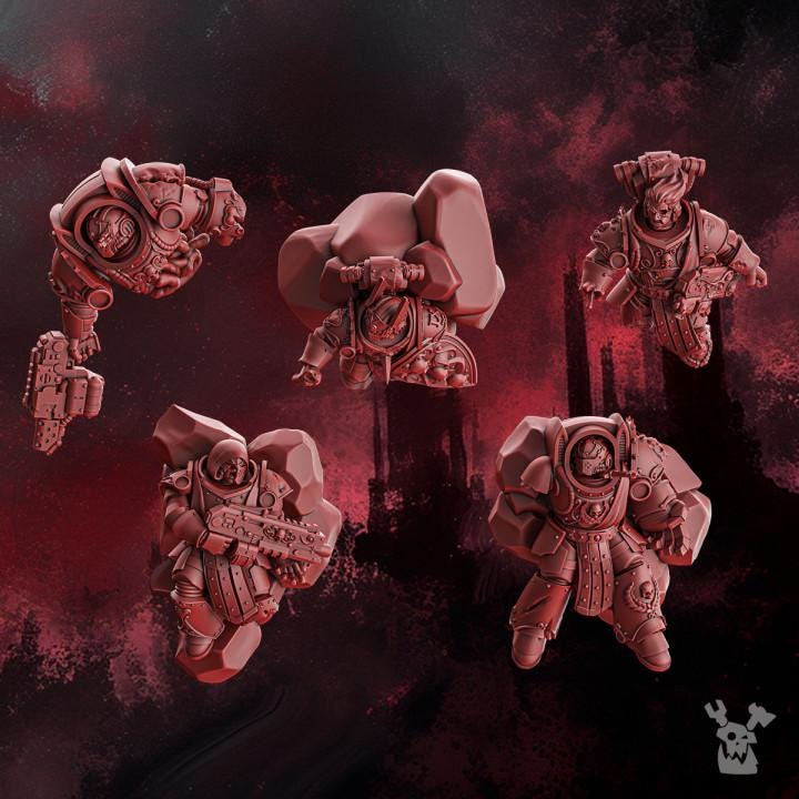 Resin 3D‑printed Broken Crimson Wings by DakkaDakka, showing damaged wing pieces, fallen armored forms, and broken components designed as battlefield casualties or terrain scatter.