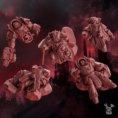 Resin 3D‑printed Broken Crimson Wings by DakkaDakka, showing damaged wing pieces, fallen armored forms, and broken components designed as battlefield casualties or terrain scatter.