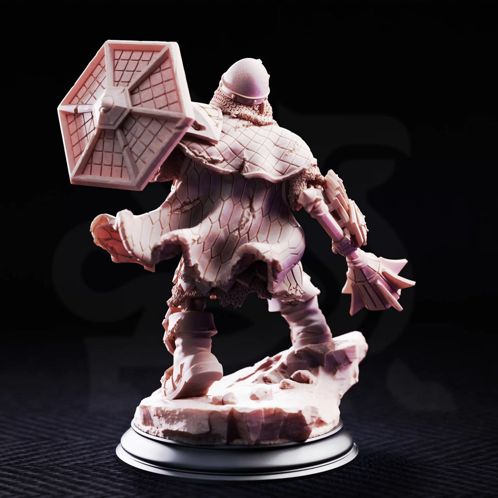 Rear view of Brook, undead dwarven brother miniature by DM Stash, showing armor, cloak, weapon, and sculpted back details.