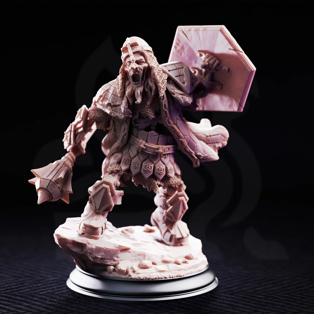 Brook undead dwarven brother miniature by DM Stash, shown from the front with fantasy armor, weapon detail, and rocky base.