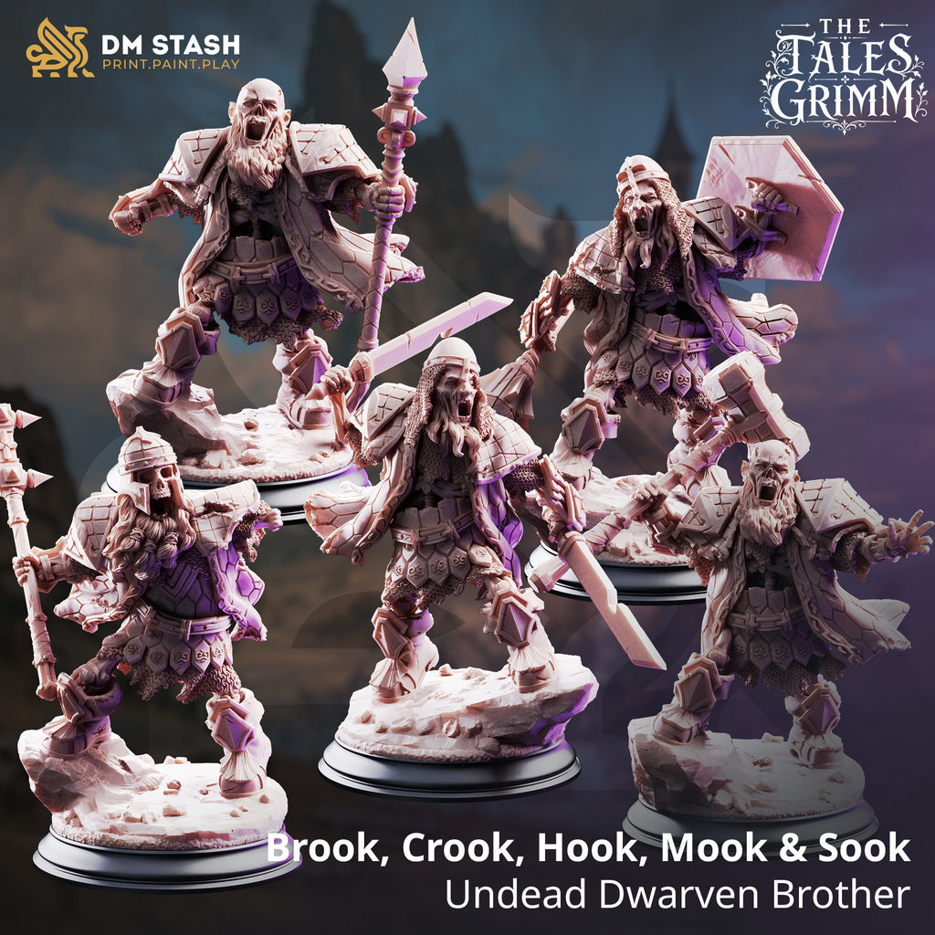 Brook, Crook, Hook, Mook and Sook undead dwarven brothers miniature set by DM Stash, featuring five fantasy resin dwarf warriors from The Tales Grimm.
