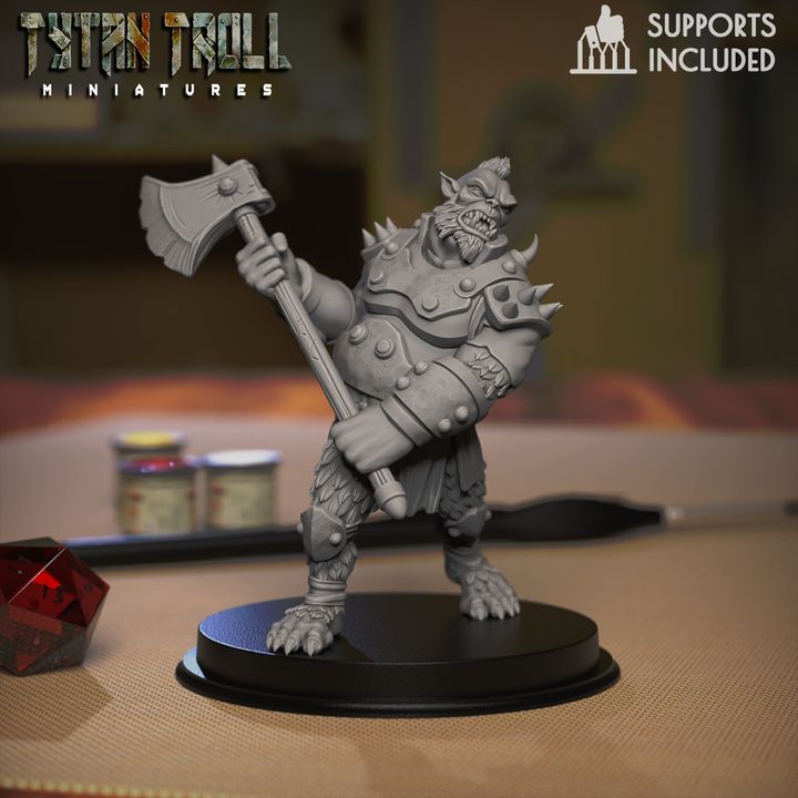 Bugbear warrior miniature with large axe, spiked armor, fur legs, and brute-style fantasy monster details.