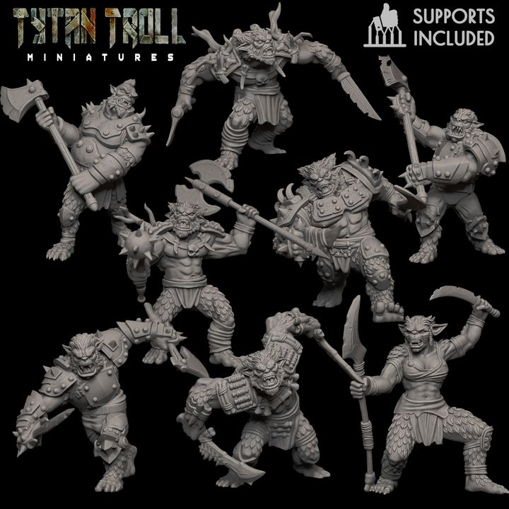 Bug Bear Pack by TytanTroll Miniatures, showing 8 fantasy bugbear resin miniatures with axes, blades, armor, fur details, and aggressive monster poses.