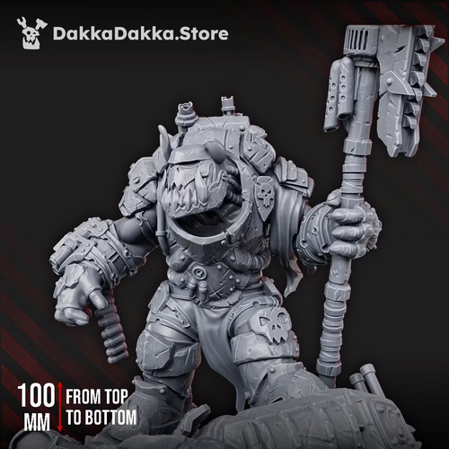 Bull War Boss by DakkaDakka, a 100mm-tall sci-fi orc warlord miniature with heavy armor, massive axe, sidearm, and scenic wreckage base.
