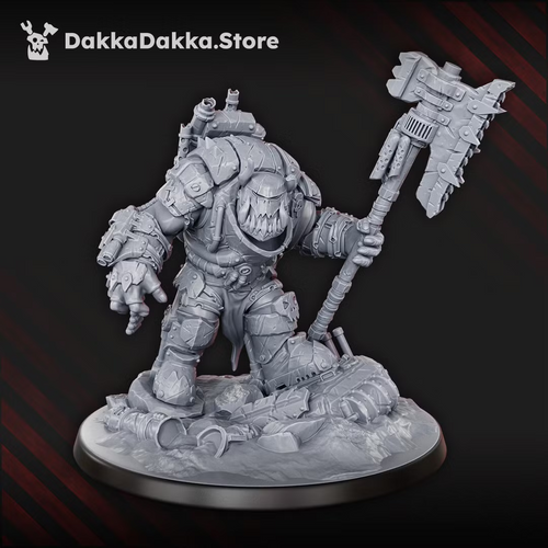 Full front view of the Bull War Boss sci-fi orc warlord by DakkaDakka, showing armored gear, weapon arm, sidearm, and scenic base.