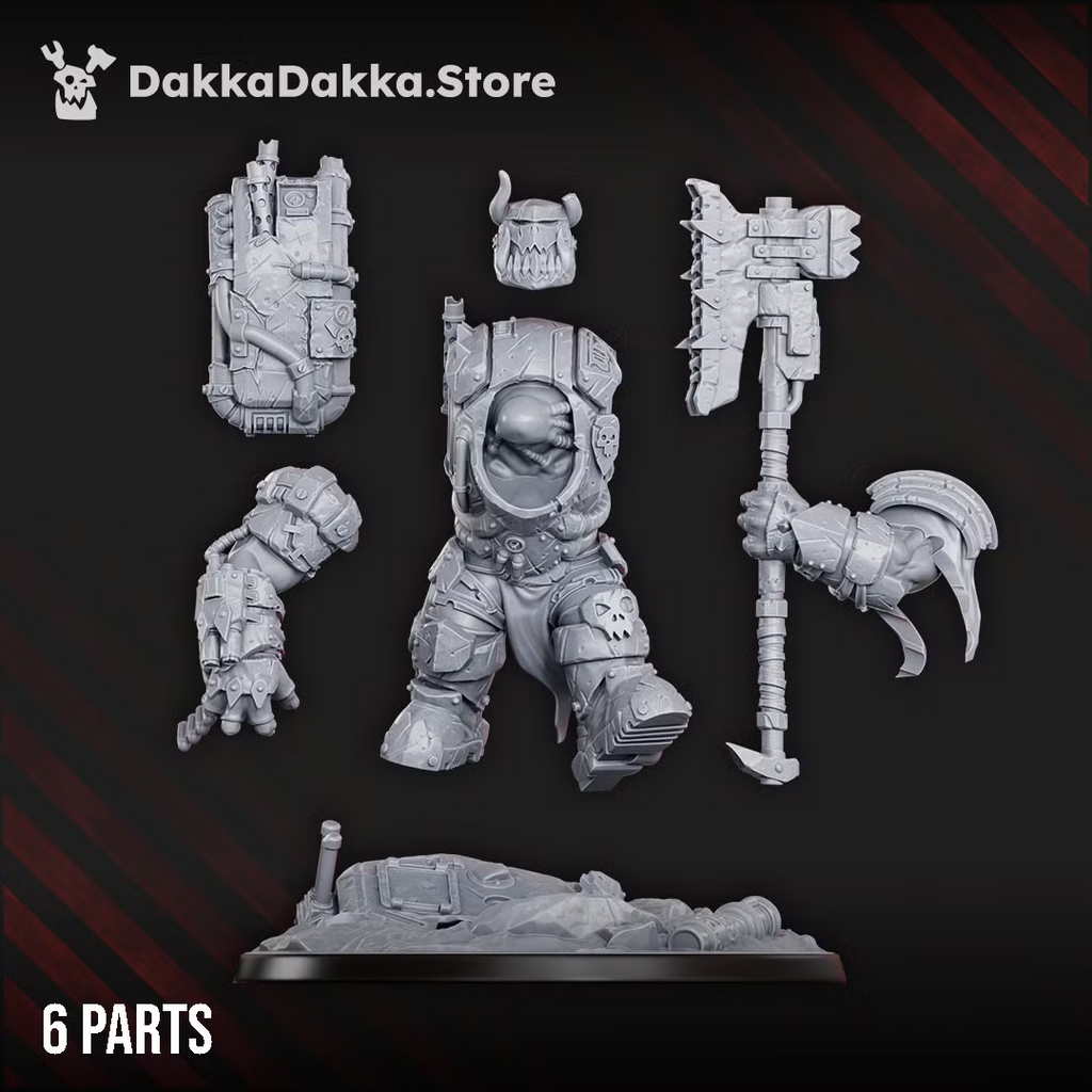 Six-part Bull War Boss build kit by DakkaDakka, showing the scenic base, armored body, head, backpack, weapon arm, and sidearm arm components.