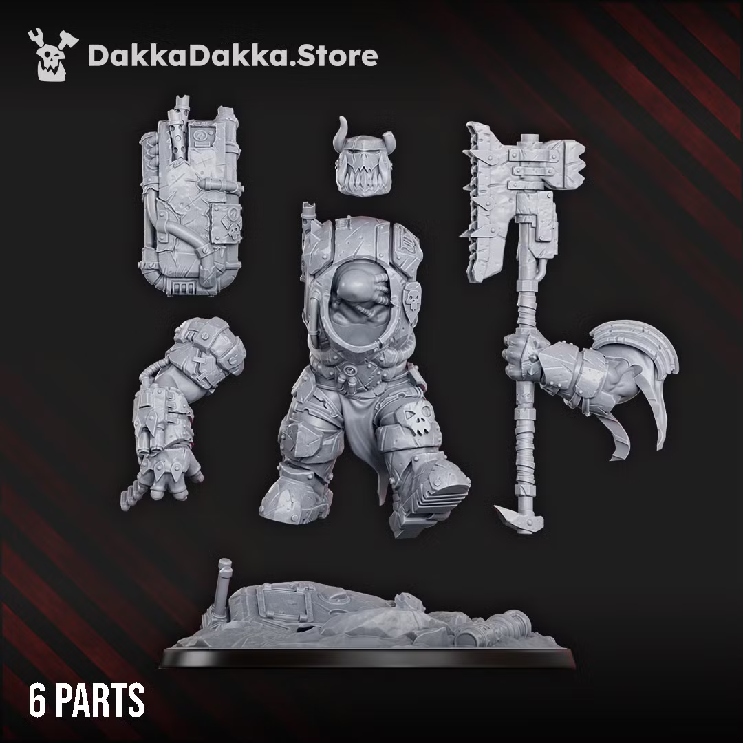 Six-part Bull War Boss build kit by DakkaDakka, showing the scenic base, armored body, head, backpack, weapon arm, and sidearm arm components.