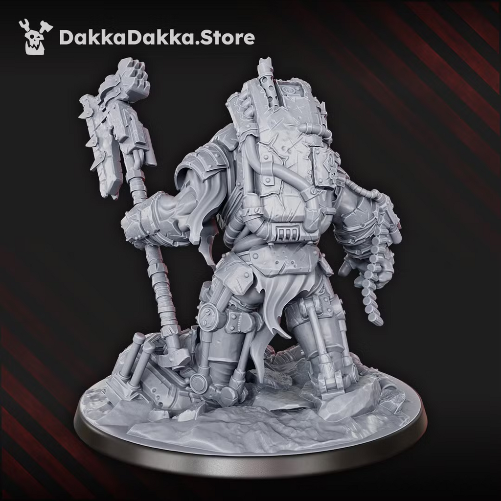 Rear view of the Bull War Boss by DakkaDakka, showing the detailed mechanical backpack, armor, weapon arm, and scenic base.