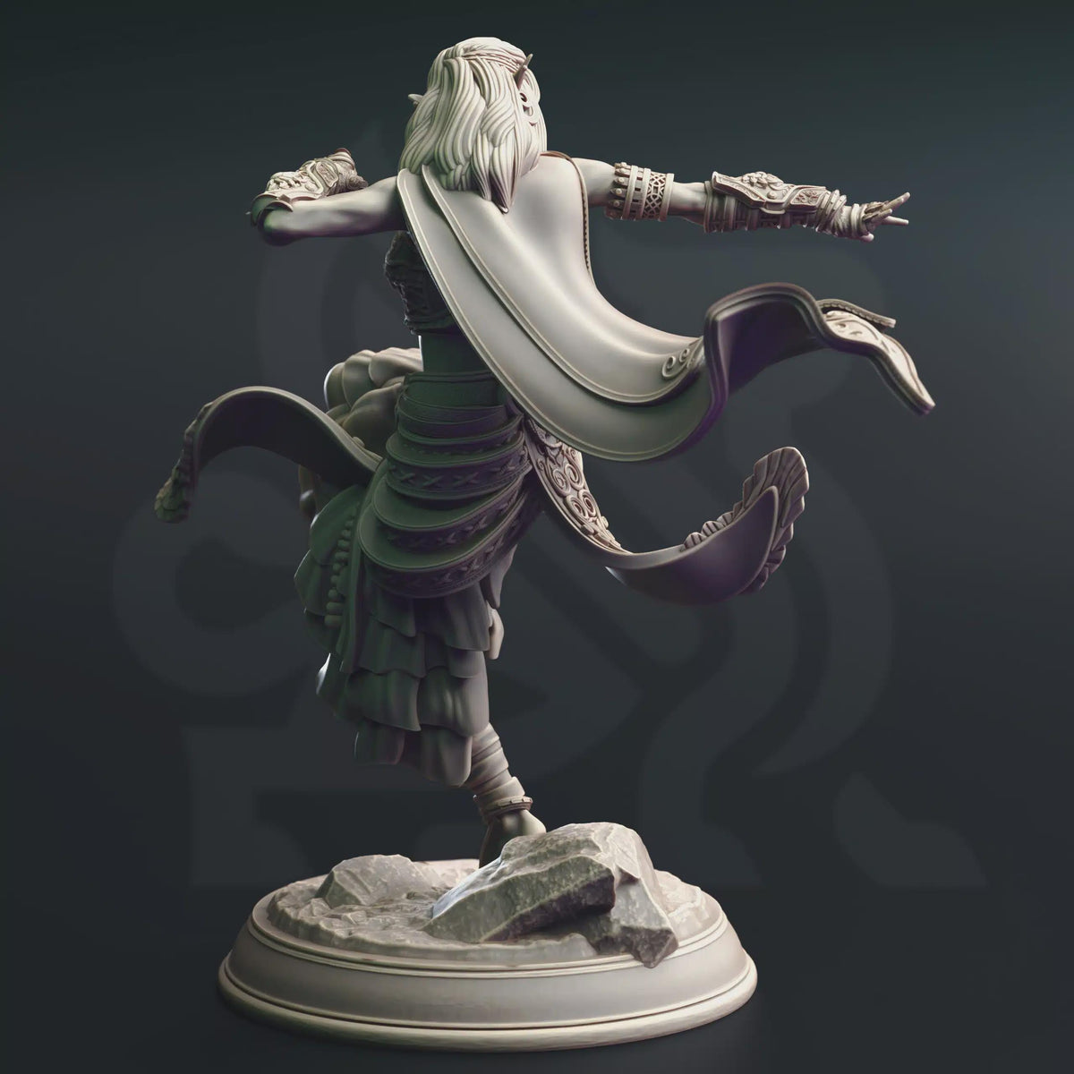 Rear view of Cahira monk miniature, showing flowing clothing and dynamic pose.