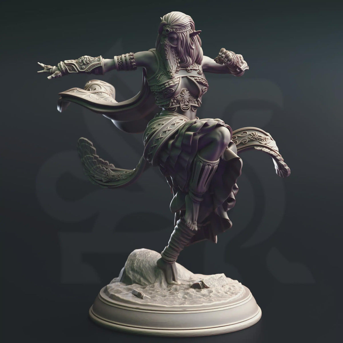 Cahira elf martial artist monk miniature by DM Stash in an airborne fighting pose on scenic base.