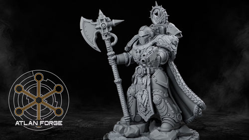Side view of the Canadian Space Knight showing its armored axe, pistol, eagle shoulder detail, fur-lined cape, and maple insignia