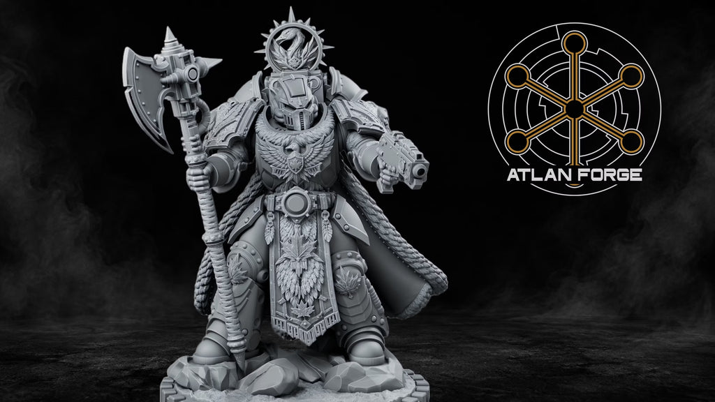 Canadian Space Knight by Atlan Forge with maple-decorated armor, powered axe, pistol, fur-lined cape, and rocky scenic base