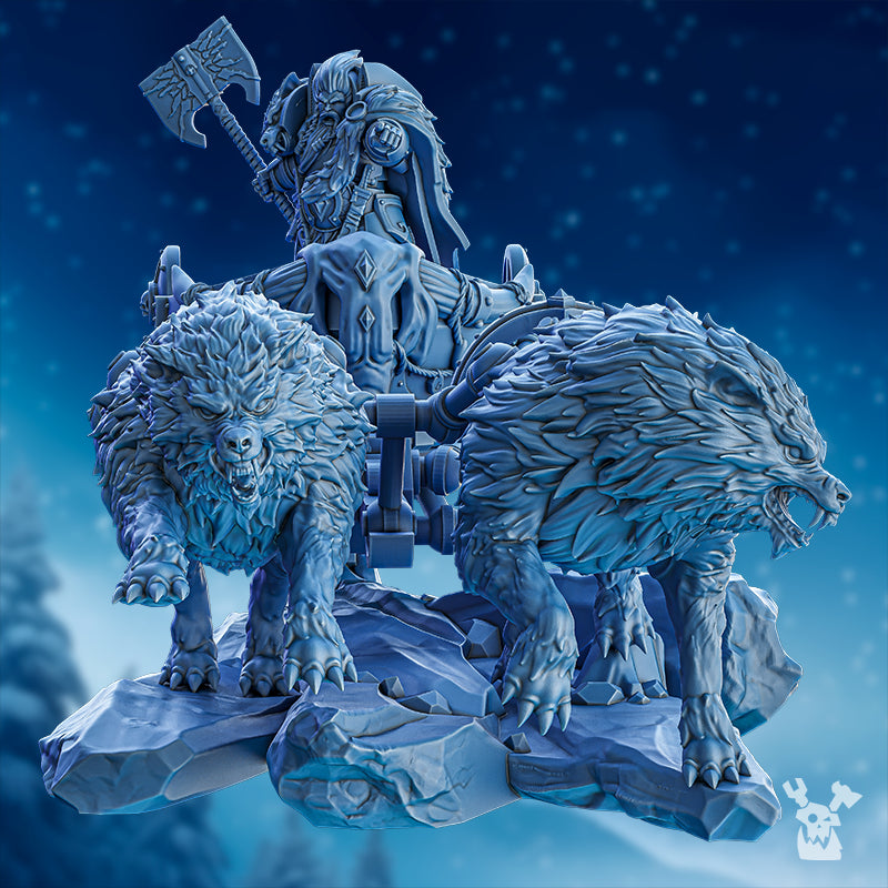 Cand'Marr on Thunder Chariot by DakkaDakka, shown from the front with armored warrior, axe, two snarling wolves, chariot details, and rocky scenic base.