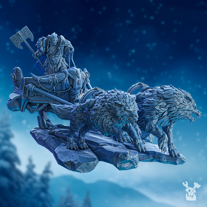 Side view of Cand'Marr on Thunder Chariot by DakkaDakka, showing the wolf-drawn chariot, seated warrior, axe, harness details, and rocky winter base.