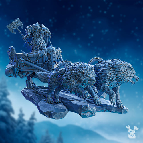 Side view of Cand'Marr on Thunder Chariot by DakkaDakka, showing the wolf-drawn chariot, seated warrior, axe, harness details, and rocky winter base.