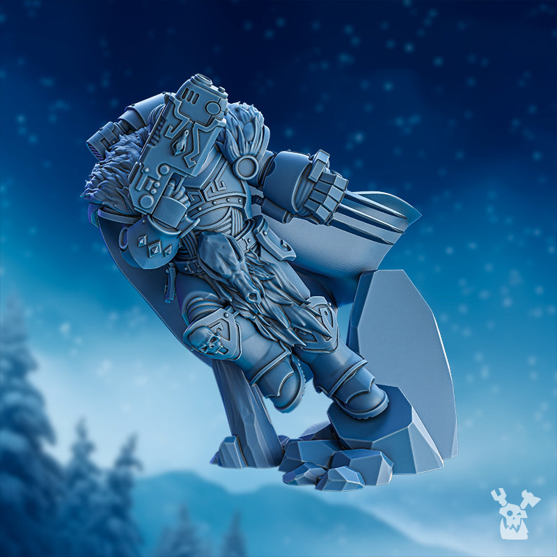 Side view of Cass the Prankster by DakkaDakka, showing the dynamic pose, heavy armor, fur-lined shoulders, clawed weapon, cloak, and scenic base.