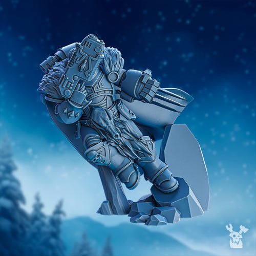 Side view of Cass the Prankster by DakkaDakka, showing the dynamic pose, heavy armor, fur-lined shoulders, clawed weapon, cloak, and scenic base.