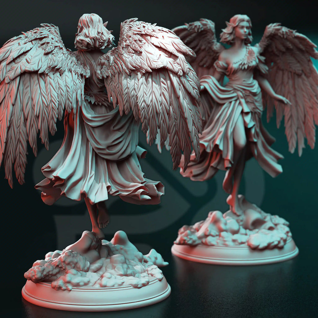Rear view of Cesedra The Great Love celestial NPC miniature by DM Stash, showing angel wings, long robes, hair, and scenic tabletop base.
