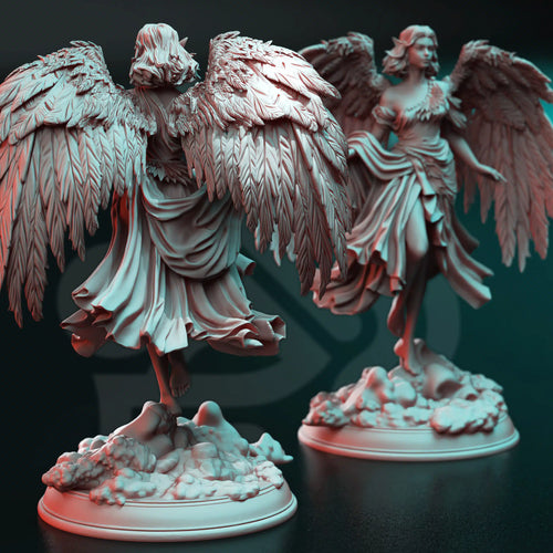 Rear view of Cesedra The Great Love celestial NPC miniature by DM Stash, showing angel wings, long robes, hair, and scenic tabletop base.