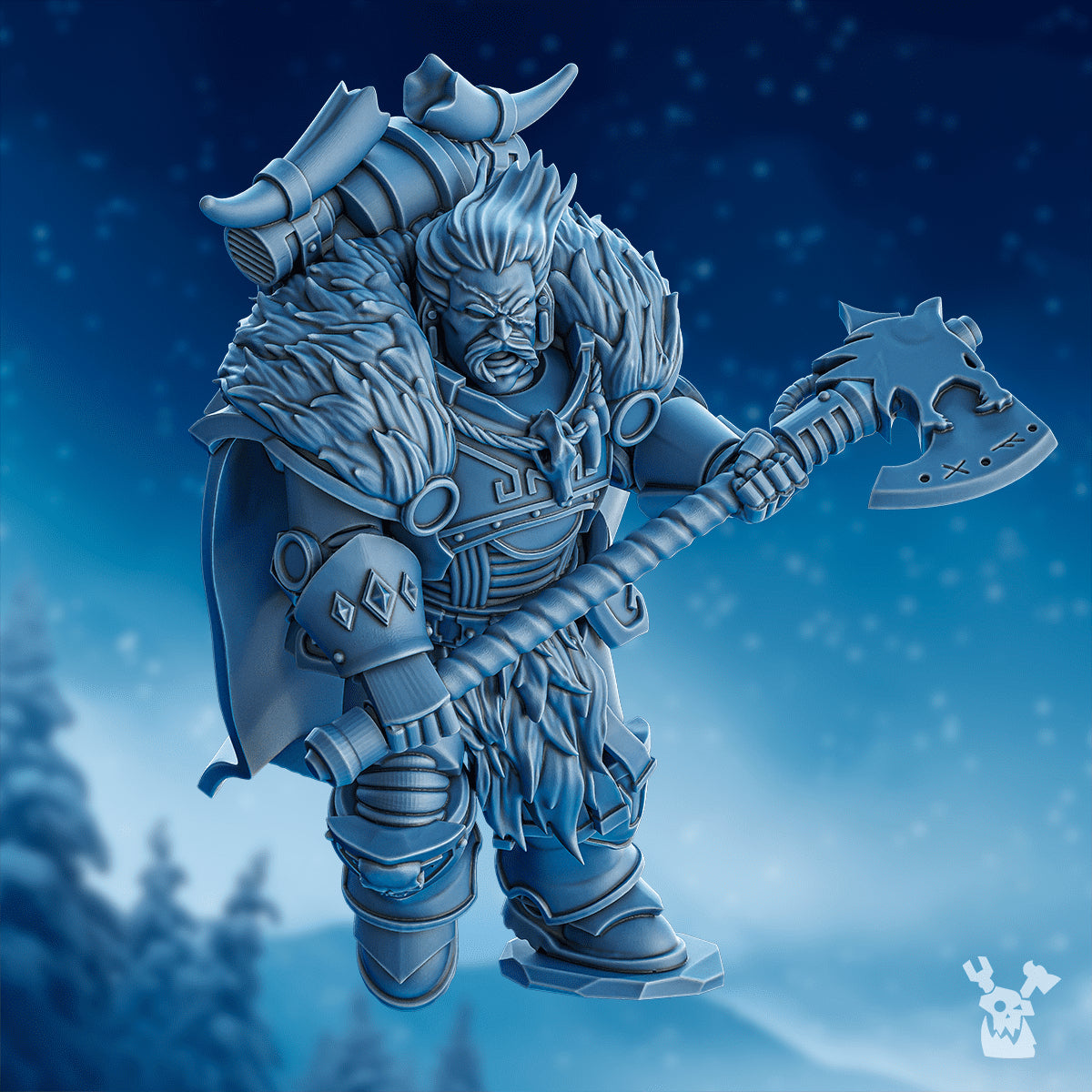 Side view of Chacol’ad Storm Axe by DakkaDakka, showing the large axe, heavy armor, fur details, cloak movement, and fantasy warrior pose.