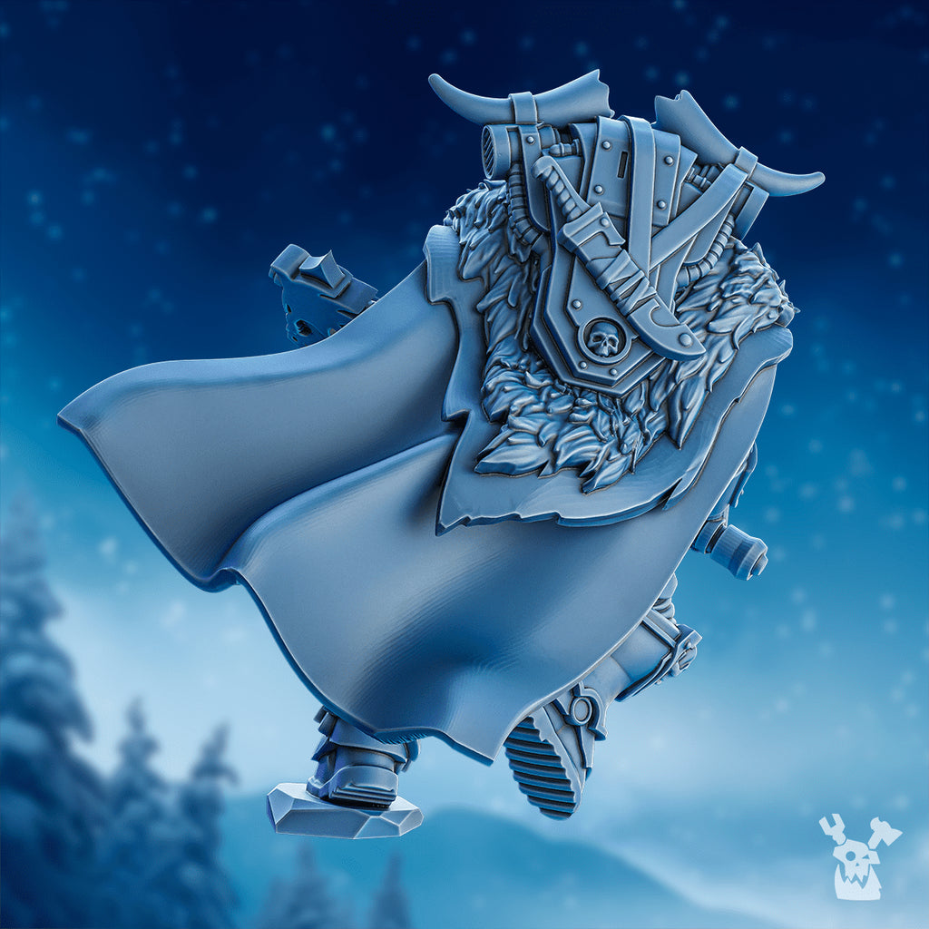 Rear view of Chacol’ad Storm Axe by DakkaDakka, showing the flowing cloak, fur-lined armor, backpack details, axe, and northern character sculpting.